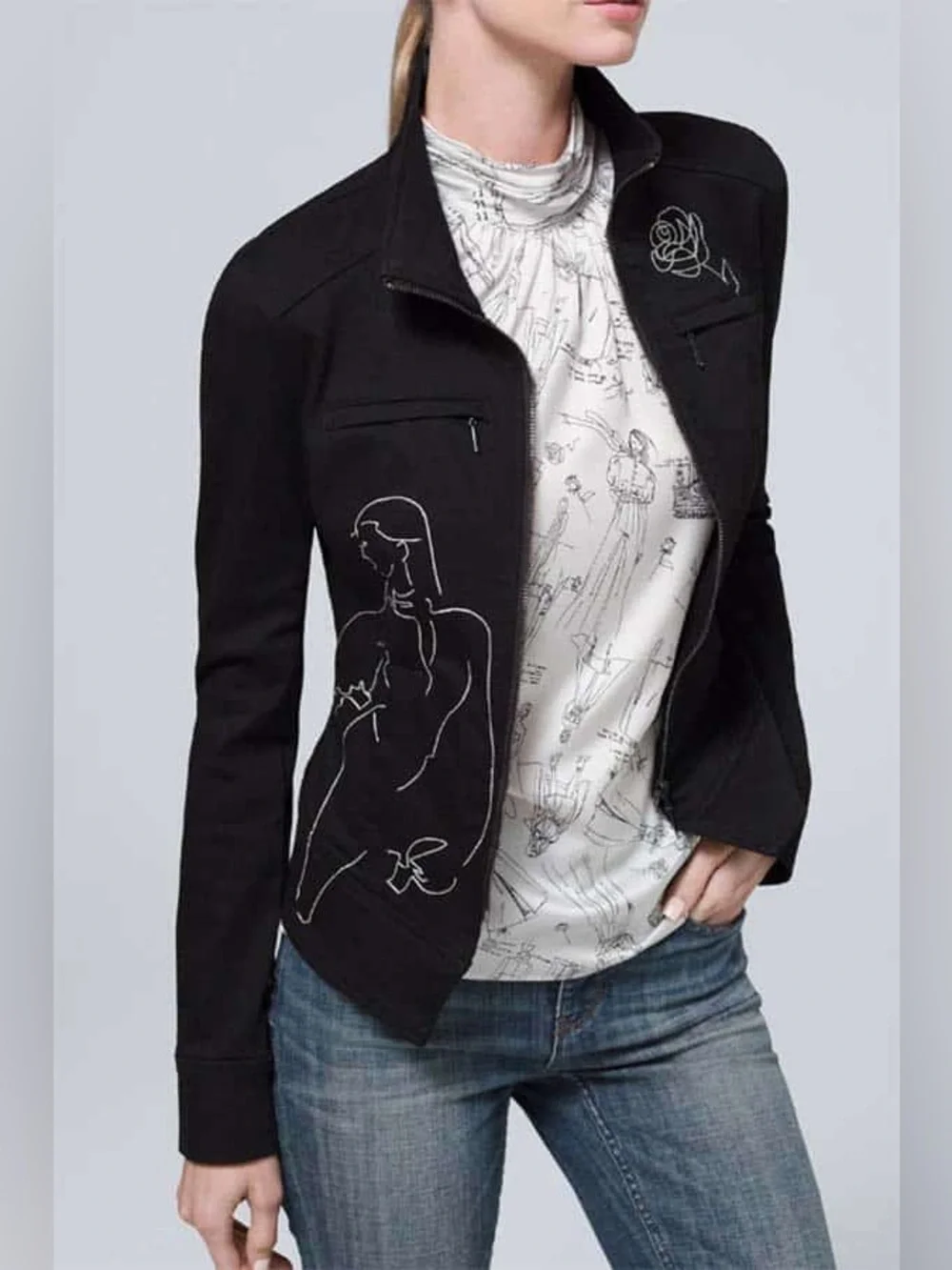 White House Black Market Embroidered Lady & Rose Black Full Zip Jacket Size 8